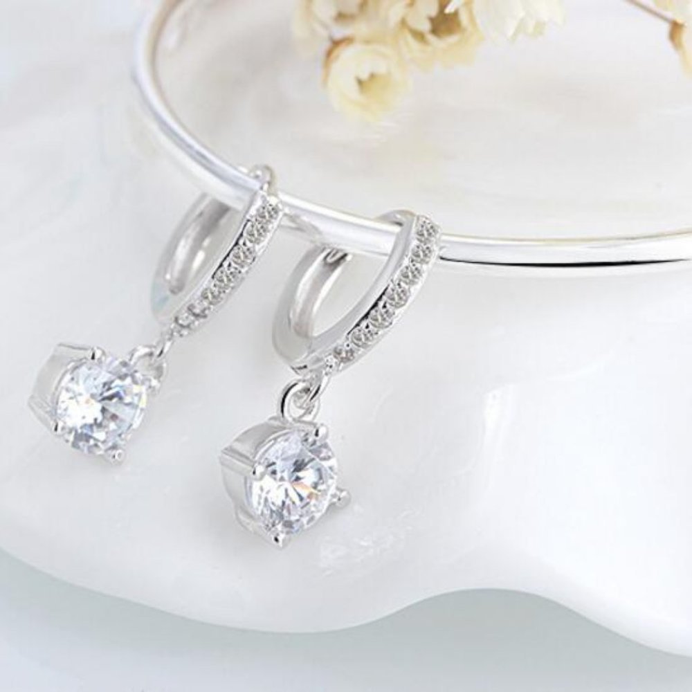 NEW Solitaire Diamond Drop Silver Hoop Earrings - Picture 3 of 9